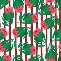 Pink random protea flowers silhouettes seamless pattern. Red and white striped background. Doodle style. vector