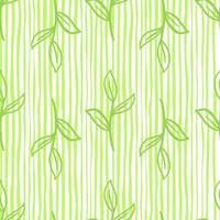 Botany seamless pattern with green contoured leaves branches ornament. Striped background. vector
