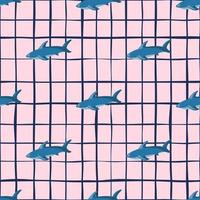 Aqua seamless pattern with blue sharks silhouettes. Pink chequered background. Geometric style zoo backdrop. vector