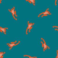 Bright orange frog doodle seamless pattern in hand drawn style. Turquoise background. Nature animal print. vector