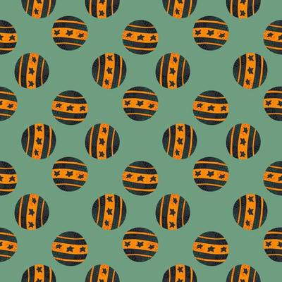 Geometric seamless pattern with ornamental orange circus ball elements. Light blue background. Funny print.