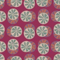 Exotic fruit seamless pattern with doodle vintage citrus slices elements. Pink pale background. Simple print. vector