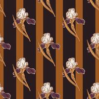 Abstract seamless pattern with decorative iris flower silhouettes. Brown and orange striped background. vector