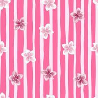 Cute plumeria flower seamless pattern on pink stripe background. Exotic tropical wallpaper. vector