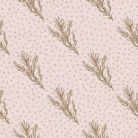 Brown colored rosemary doodle silhouettes seamless pattern. Light pink dotted background. vector
