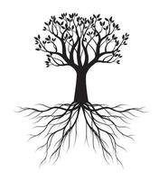 Black shape of Tree with Leaves and Roots. Vector outline Illustration. Plant in Garden.