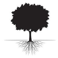 Black shape of Tree with Leaves and Roots. Vector outline Illustration. Plant in Garden.