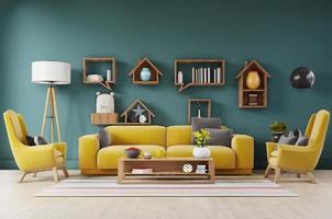 lujoso salón interior con sofá amarillo, sillón amarillo y estantes sobre fondo de pared verde. foto