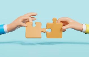 Two hands holding puzzle pieces and connecting them on blue background. 3D rendering. photo