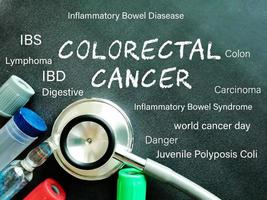 colorectal cancer word, medical term word with medical concepts in blackboard and medical equipment photo