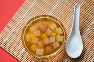 Chinese desserts, Mix ginkgo nuts cassava syrup coconut jelly in longan juice on glass bowl, Thai and Chinese longan date soup Asian dessert sweets photo