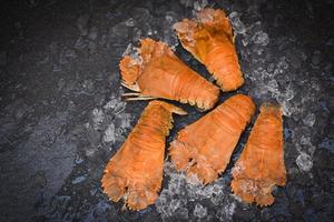 Flathead lobster shrimps on ice, fresh slipper lobster flathead boiled for cooking in the seafood restaurant kitchen or seafood market, Rock Lobster Moreton Bay Bug