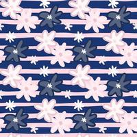 White and blue botanic daisy elements seamless pattern. Pastel pink background with navy blue strips. vector