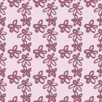 Seamless pattern with purple brushed daisy flowers. Pastel light pink background. Grunge simple backdrop. vector