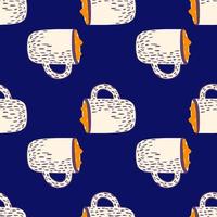 Abstract kitchen seamless pattern with white cocoa cup with marshmallow. Navy blue background. vector