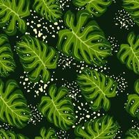 Random seamless pattern with green tropic monstera leaves print. Black background with splashes. vector