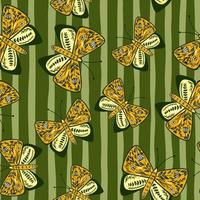 Random seamless pattern with orange botanic flower and branches print butterfly shapes. Green striped background. vector