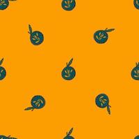 Minimalistic seamless pattern with doodle navy blue apple ornament. Bright orange background. vector