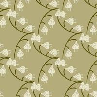 Pale geometric seamless pattern with light grey bell flower ornament. Green olive background. vector