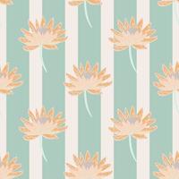 Seamless tender patter with botanic orange daisy flower silhouettes. Pastel blue striped background. vector