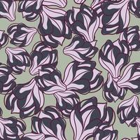 Seasonal seamless pattern with random purple magnolia flowers print. Pale green background. vector