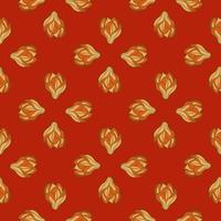 Geometric style blossom seamless pattern with orange magnolia flowers print. Red background. vector