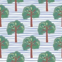 Tree hand drawn elements seamless doodle pattern. Green botanic ornament on background with blue and white strips. vector