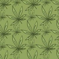 Floral seamless doodle pattern with hand drawn sheet leafs. Marijuana contoured elements and background in green colors. vector