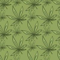 Floral seamless doodle pattern with hand drawn sheet leafs. Marijuana contoured elements and background in green colors. vector