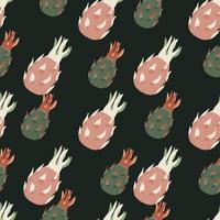Organic fruit seamless doodle pattern with green and pink simple pitahaya shapes on black background. vector