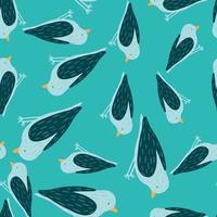 Seamless random pattern with hand drawn cartoon birds ornament. Bright blue background. vector