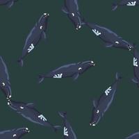 Seamless pattern right whale on green background. Template of cartoon character of ocean for fabric. vector