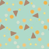 Random abstract seamless pattern with geometric figures. Triangles and circles in brown, yellow and orange colors. Blue background. vector