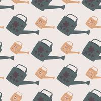 Seamless pastel palette pattern with pale green and orange watering cans. Light pastel background. vector