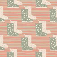 Pale seamless pattern with rubber shoes. Simple boots silhouettes in light beige and grey tones on stripped background. vector