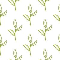 Minimalistic isolated seamless pattern with outline green branches ornament. White background. vector