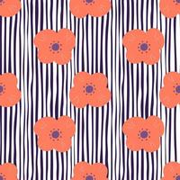 Floral seamless pattern with orange scandi flowers ornament. Striped white and navy blue background. vector