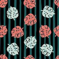 Seamless random doodle pattern with pink and light colored monstera ornament. Striped background. vector