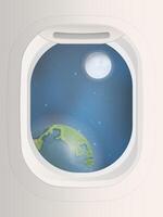 An airplane window with a view of the earth and moon vector