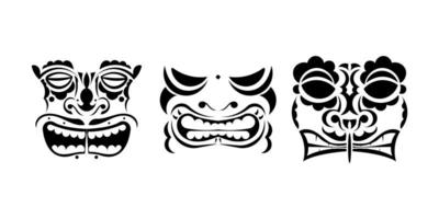 Set of tattoo faces or masks in ornament style. Polynesian, Maori or Hawaiian tribal patterns. Vector illustration. Isolated.