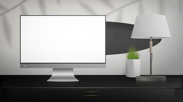 A monitor with a white screen stands on a black curbstone. Workplace. Layout for displaying sites, applications, games and advertisements. Realistic style. Vector illustration.