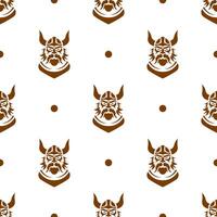 Vector seamless pattern with hand drawn heads of bearded vikings with helmets on. Vector illustration of northern rough warriors.