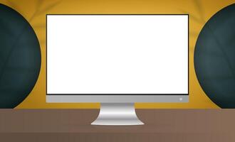 Monitor with a white screen. Yellow room with design background and empty shelf. Yellow studio background space with leaf shadows. Vector. Realistic style. vector