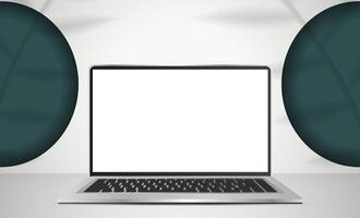 Laptop with white screen in a light studio. White studio background space with shadows and shelf. Vector. vector