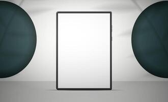 A tablet with a white screen is on the floor. White studio with green circular holes in the wall. Studio background space with leaf shadows. Vector. Realistic style. vector