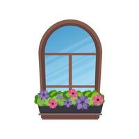 Semicircular arched window with flowers in Italian style. Vector illustration.