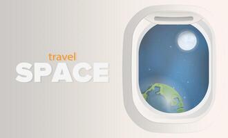 Travel to space banner. Porthole with a view of the planet Earth and the Moon. Porthole with a view of space. Vector illustration.