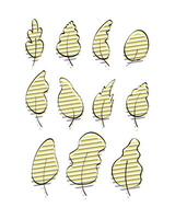 Set of stylish hand-drawn leaves with yellow-gray glitch effect. Doodle style. Elements for the design of postcards, books, menus or advertising. Isolated on white background. illustration. vector