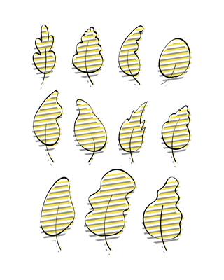 Set of stylish hand-drawn leaves with yellow-gray glitch effect. Doodle style. Elements for the design of postcards, books, menus or advertising. Isolated on white background. illustration.