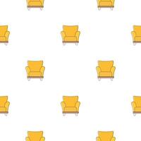 Seamless pattern with a yellow armchair. Minimalism background with flower pots and triangles. Line art. Vector